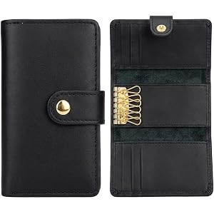 ELVOZA Leather Key Case Wallet – Trifold Key Holder for Men & Women – Compact Key Organizer with 6 Key Hooks, 6 Card Slots, a
