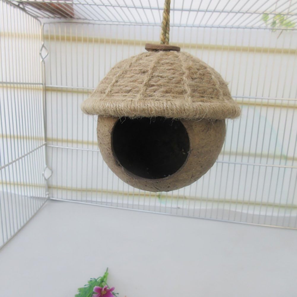 Somedays Natural Coconut Shell Bird Twine Woven Roof Parrot Coconut Shell Bird Hamster Squirrel Reproductive Nest House Hut Bird Nest Bird Ladder Toys Nest House Bed for Pet Parrot Budgie