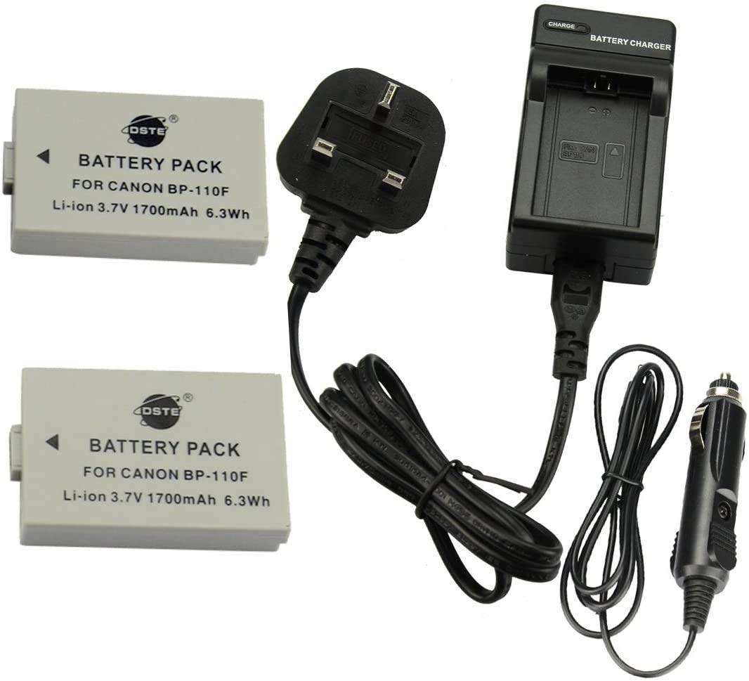 DSTE® 2x BP-110 BP-110F Rechargeable Li-ion Battery + DC116U Travel and Car Charger Adapter for Canon iVIS HF R21 VIXIA HF R20 R21 R200 LEGRIA HF R26 R27 R28 R205 R206 Camera
