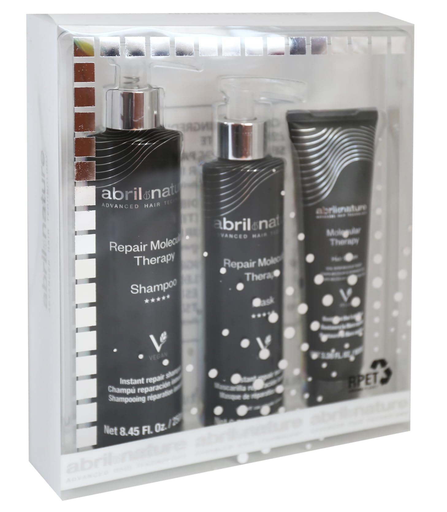 abril et nature - Professional Repair Hair Care Set - Molecular Therapy - Shampoo, Mask, and Serum Pack for Damaged, Overworked, or Ageing Hair - Restores and Repairs - 550 ml