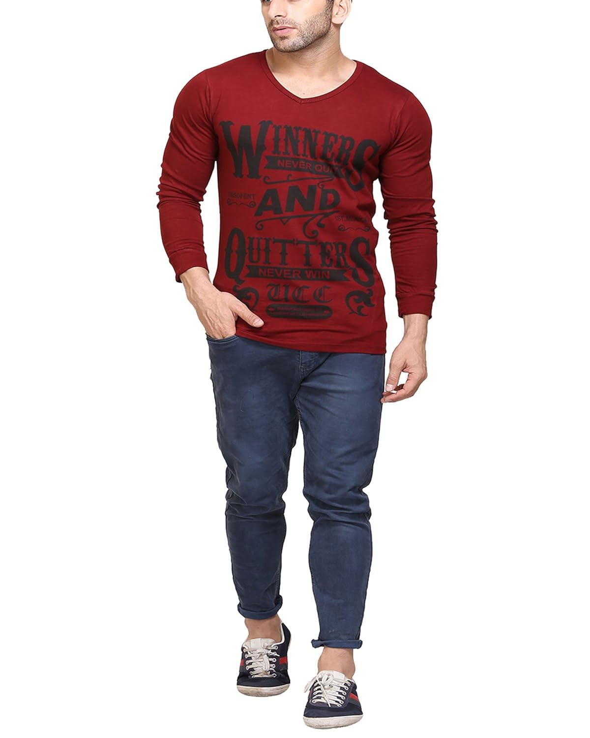 unisopent men's v neck full sleeves printed cotton t-shirt