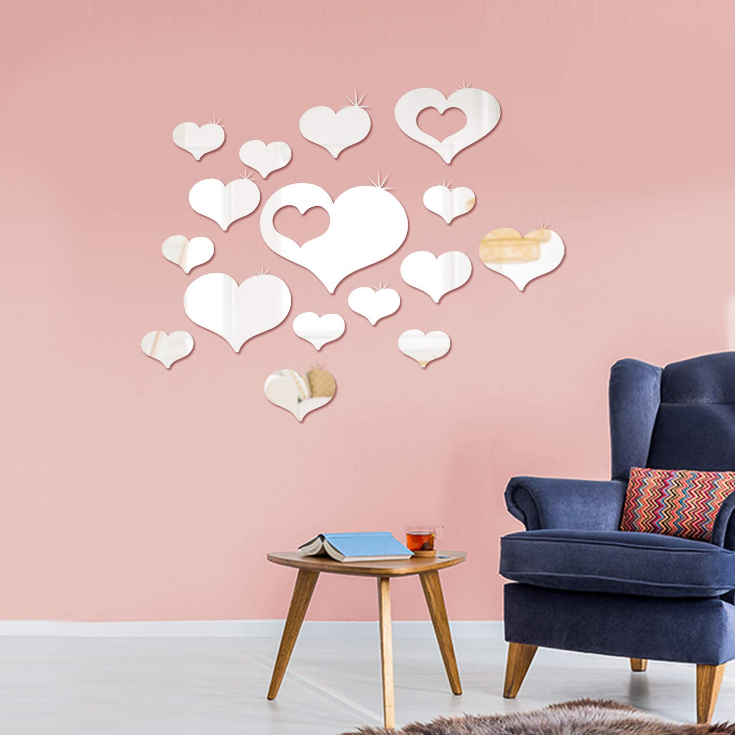 Removable Acrylic Mirror Setting Wall Sticker Decal for Home Living Room Bedroom Decor (Love Heart Shape, 33 Pieces)