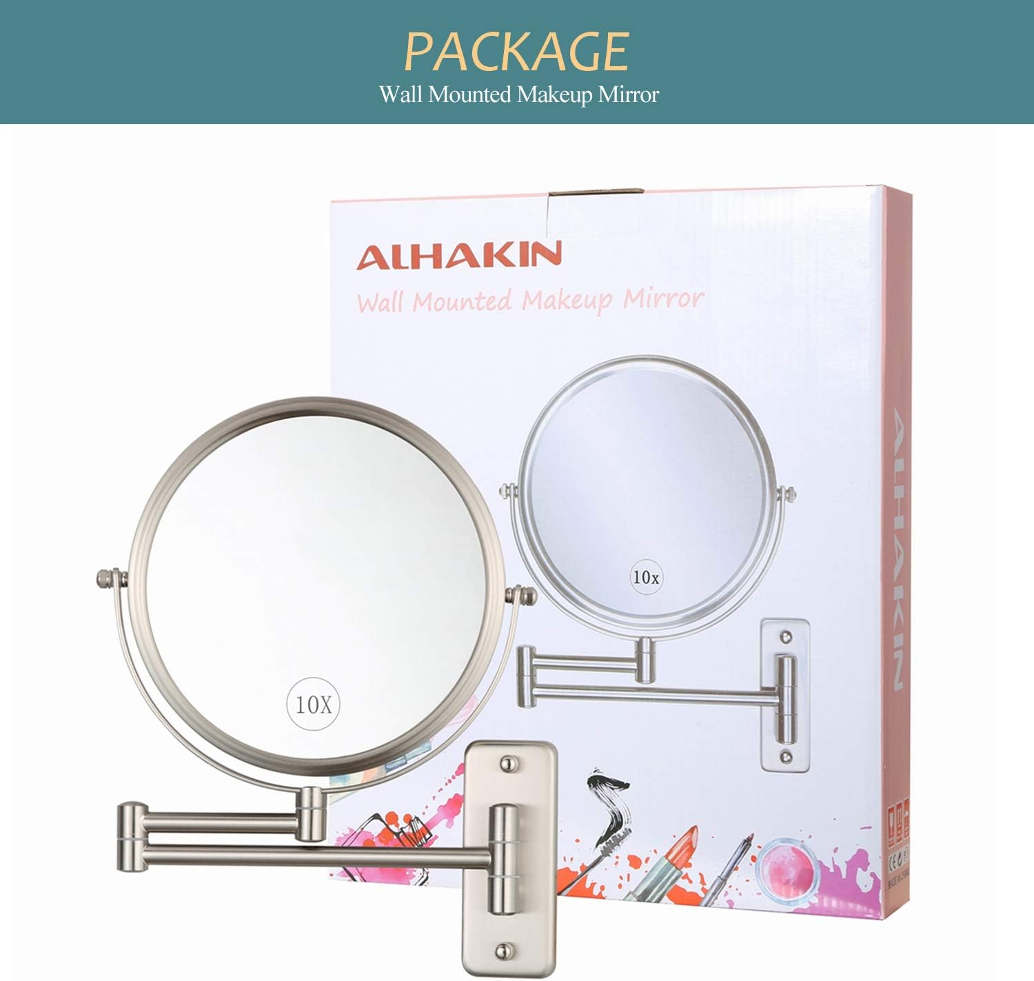 ALHAKIN Wall Mounted Makeup Mirror - 10x Magnification 8'' Two-Sided Swivel Extendable Bathroom Mirror Nickel Finish -