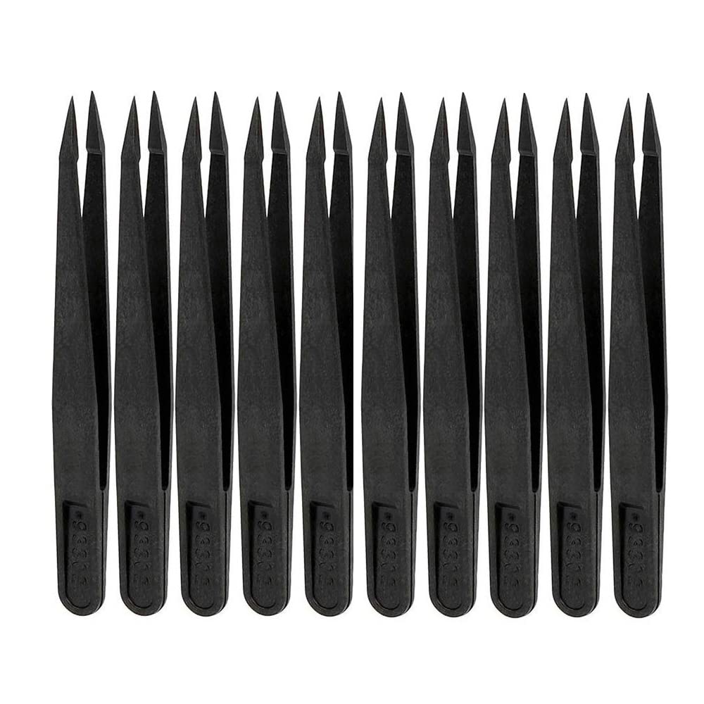 10pcs Black Plastic Pointed Tip Anti Static Tweezers for Electronics Jewelry-Making Diamond Sticker DIY Repair Tool (93302 10pcs)