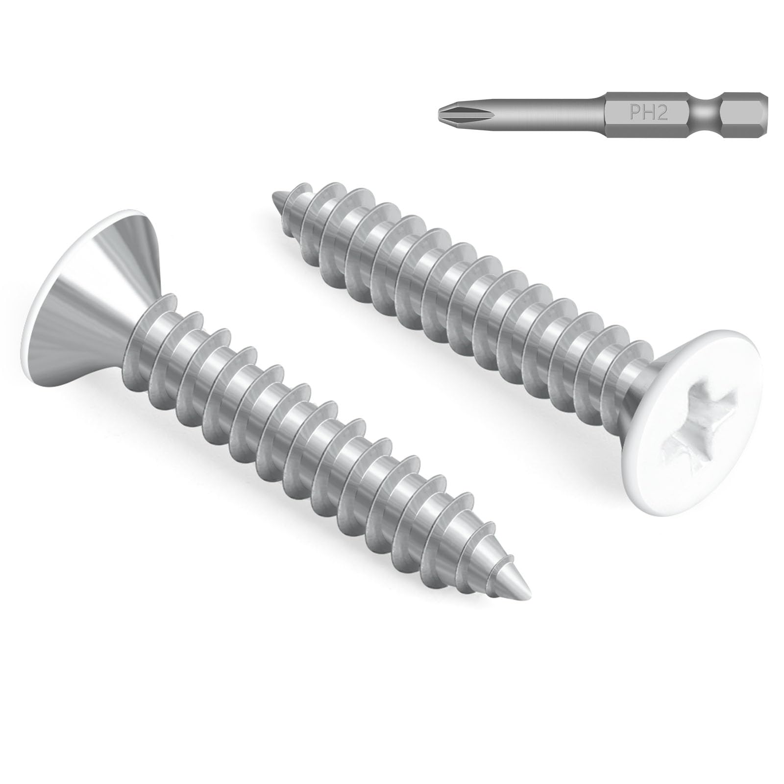 Photo 1 of 100 PCS #8 x 5/8" White Head Sheet Metal Screws, Flat Head Phillips Fast Self Tapping Screws, Countersunk Head Wood Screws, Screwdriver Bit Included
