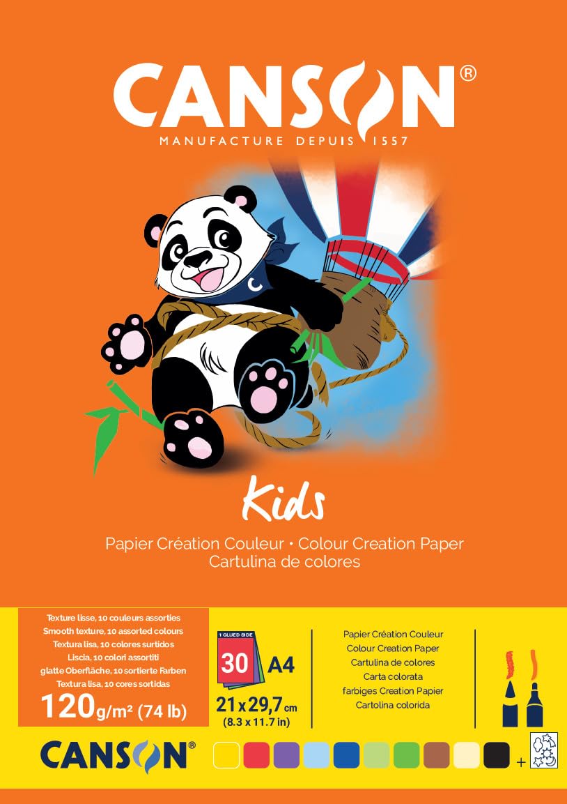 Canson Little Kids 2+ A4 120 GSM Colour Creation Pad with Assortment of Bright Coloured Paper (Pack of 30 Sheets)