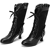 Blano Lofor Women Victorian Boots Chunky Heels Lace up Cute Bow Knot Cosplay Costumes Witch Medieval Renaissance Mid-Calf Goth Boots Vintage Gothic Character Dance Kawaii Lolita Shoes