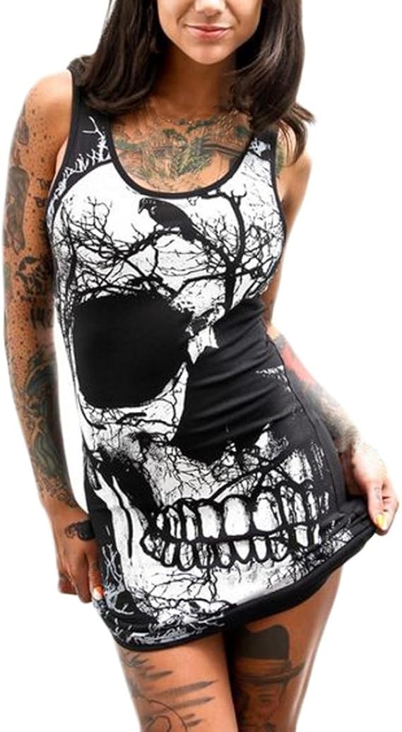 SHOBDW Las Mujeres de Moda del cráneo Imprimieron el Mini Vestido Ocasional sin Mangas Delgado Atractivo Elegante del o-Cuello