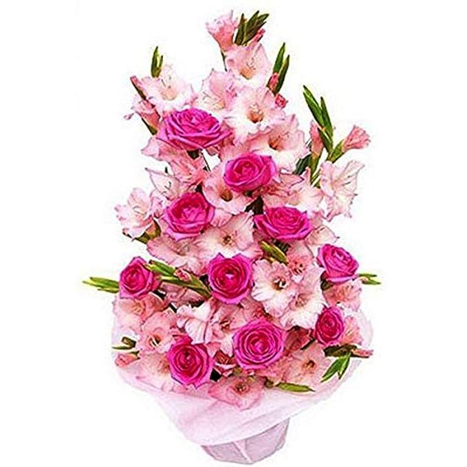 The FloralMart Beautiful Valentines Day Special Fresh Flowers Basket Arrangement of 10 Pink Roses & 20 Glads || TFM Fresh Flowers