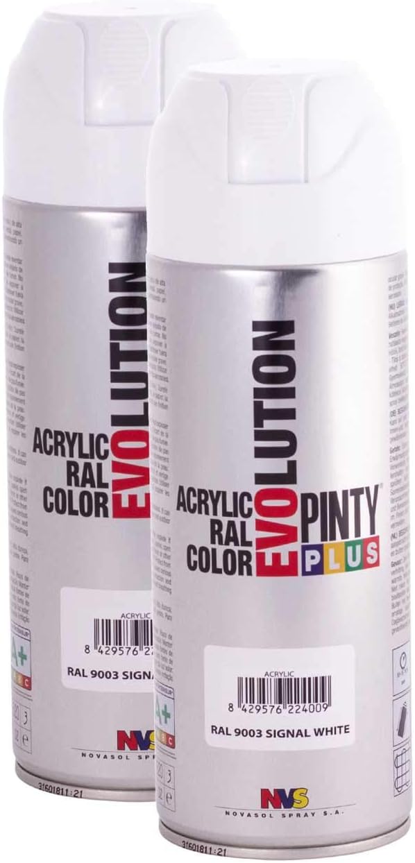 Pintyplus Evolution Solvent Based Spray Paint - 11oz, Signal White. Fast Dry, Acrylic Spray Paint For Wood, Stone, Cardboard and Paper. Low Odor. RAL 9010. Pack of 2