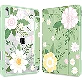 Tuiklol Case for iPad 11 inch (A16 Chip) 2025 Gen 11th / iPad 10.9 inch 2022 10th Gen, Buit in Pencil Holder with Shockproof Cover Clear Transparent Back Shell Auto Wake/Sleep, Flowers Green