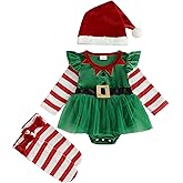 Baby Girls 1st Christmas Outfit Velvet Romper Tulle Dress Striped Stockings Santa Hat 3PCS Newborn Infant Clothes Set