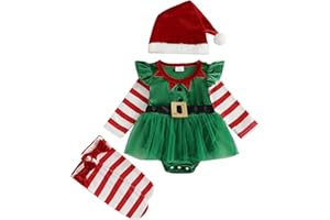 MA&BABY Baby Girls 1st Christmas Outfit Velvet Romper Tulle Dress Striped Stockings Santa Hat 3PCS Newborn Infant Clothes Set