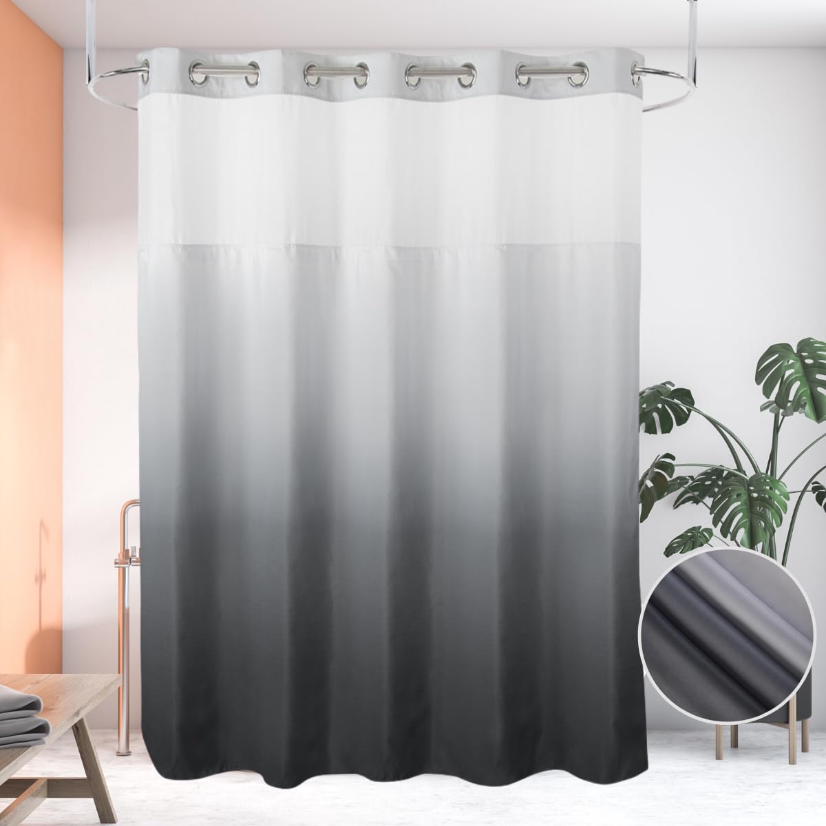 Ecoehoe 71" W x 79“ L Hook Free Fabric Shower Curtain with Polyester Snap-in Liner with Magnets–Hotel Quality Top See Through Gradient Grey