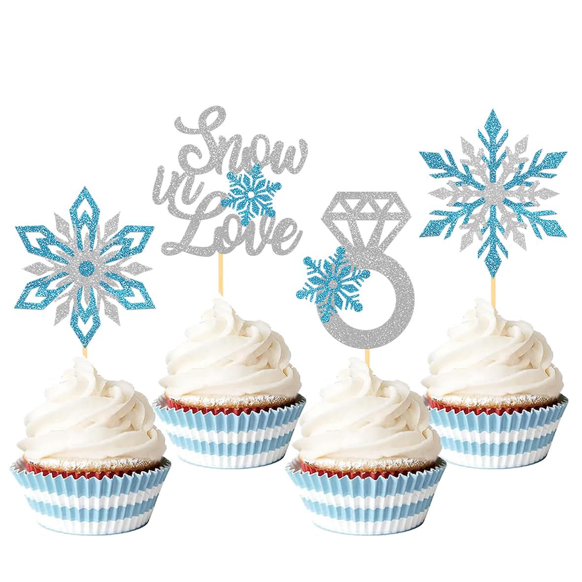 Photo 1 of 24PCS Snow in Love Cupcake Toppers for Winter Snowflake Decorations, Frozen Snowflake Love Cake Toppe for Bridal Shower Party Decorations (Love A)