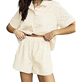 codcm Womens Gingham Pajama Set Shorts Pj Set Short Sleeve Button Down Sleepwear Cute Pjs