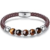 Hius Men's Leather Bracelet with Tiger Eye Beads, Healing Braided Leather Bracelet Wristband, Leather Jewelry for Men