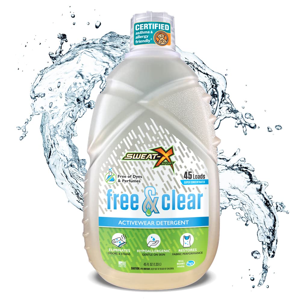 Sweat X Free & Clear Activewear Laundry Detergent – Certified Asthma & Allergy Friendly® – Hypoallergenic – Remove the Worst Odors & Toughest Stains – High-Performance Sports Wash – 45 Loads – 1 Pack
