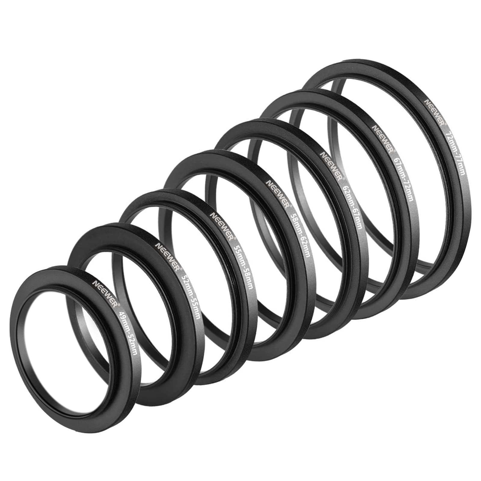 Photo 1 of NEEWER 7PCS Step Up Rings Filter Adapter, 49-52mm, 52-55mm, 55-58mm, 58-62mm, 62-67mm, 67-72mm, 72-77mm Threaded Premium Anodized Aluminum Frame
