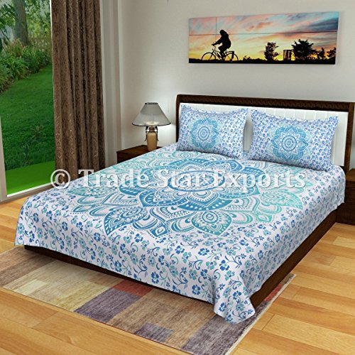 Tradestar Ombre Mandala Bedding Set, Queen Cotton Bed Sheets with Two Pillow Covers, Decorative Bed Throw Blanket, Ethnic Bed Cover, Indian Bedroom Decor (Pattern 6)