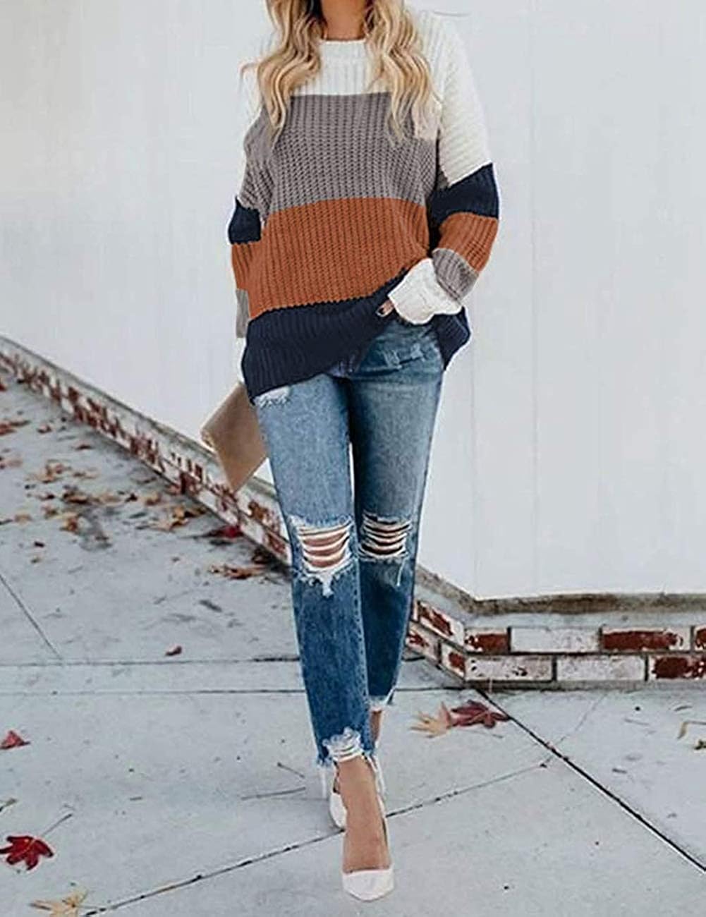 MEROKEETY Women's Crew Neck Long Sleeve Color Block Knit Sweater Casual Pullover Jumper Tops at  Women’s Clothing store