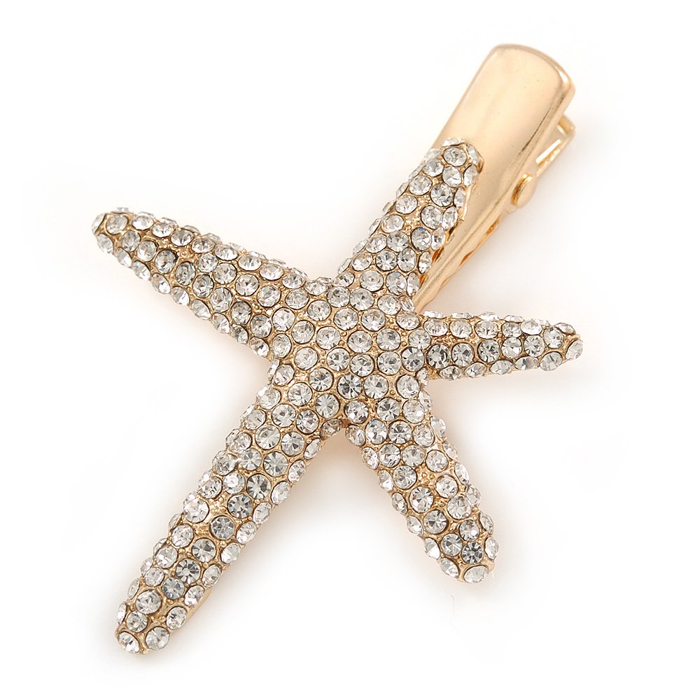 Clear Crystal Starfish Hair Beak Clip/Concord Clip/Clamp Clip In Gold Tone - 65mm L