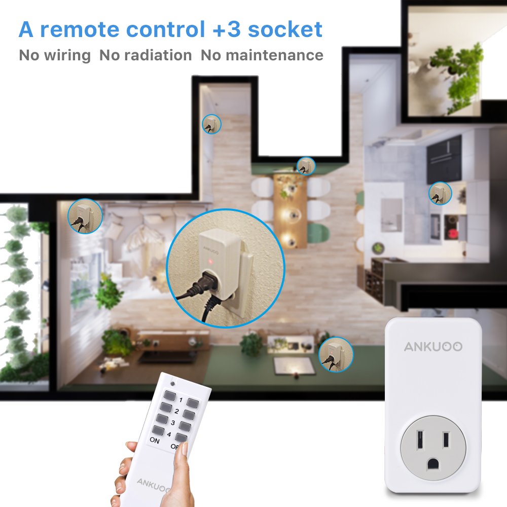 Remote Control Outlet Wireless Light Switch Power Plug By Ankuoo, Wireless Outlet For Household Appliances with 100 ft. Range, White (1 Remote + 3 Outlets) Pack