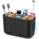GFWARE Black Toothbrush Holder, Bamboo Toothbrush and Toothpaste Holder with Drainage, Large Electric Toothbrush Holder Organ