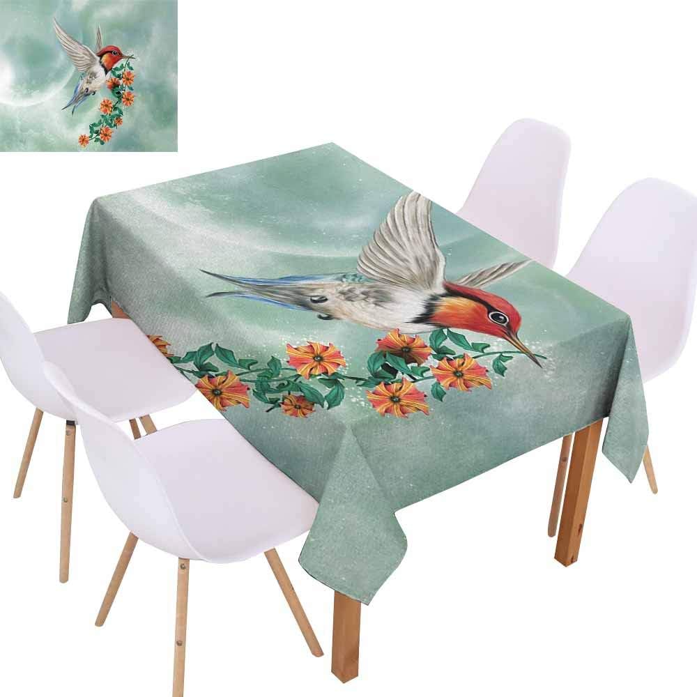 UHOO2018 Hummingbird,Decorative tablecloth,A Hummingbird Is Flying with A Flowered Branch Floral Nature Illustration,for Dining Tabletop Decoration,Orange Green,73"x112"