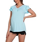 Bhome Maternity Shirt V Neck Ruffle Sleeves Maternity Top Flowy Loose Fit Pregnant Shirt Summer