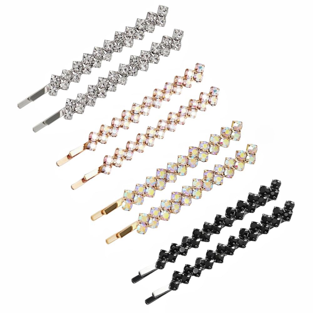 8 Pieces Rhinestone Bobby Pins Bling Crystal Metal Hair Clips Grips Slide Single Row Slim Diamante Rhinestone Bobby Pin for Brides Girls (8, Silver/Rose Gold/Black/Gold)