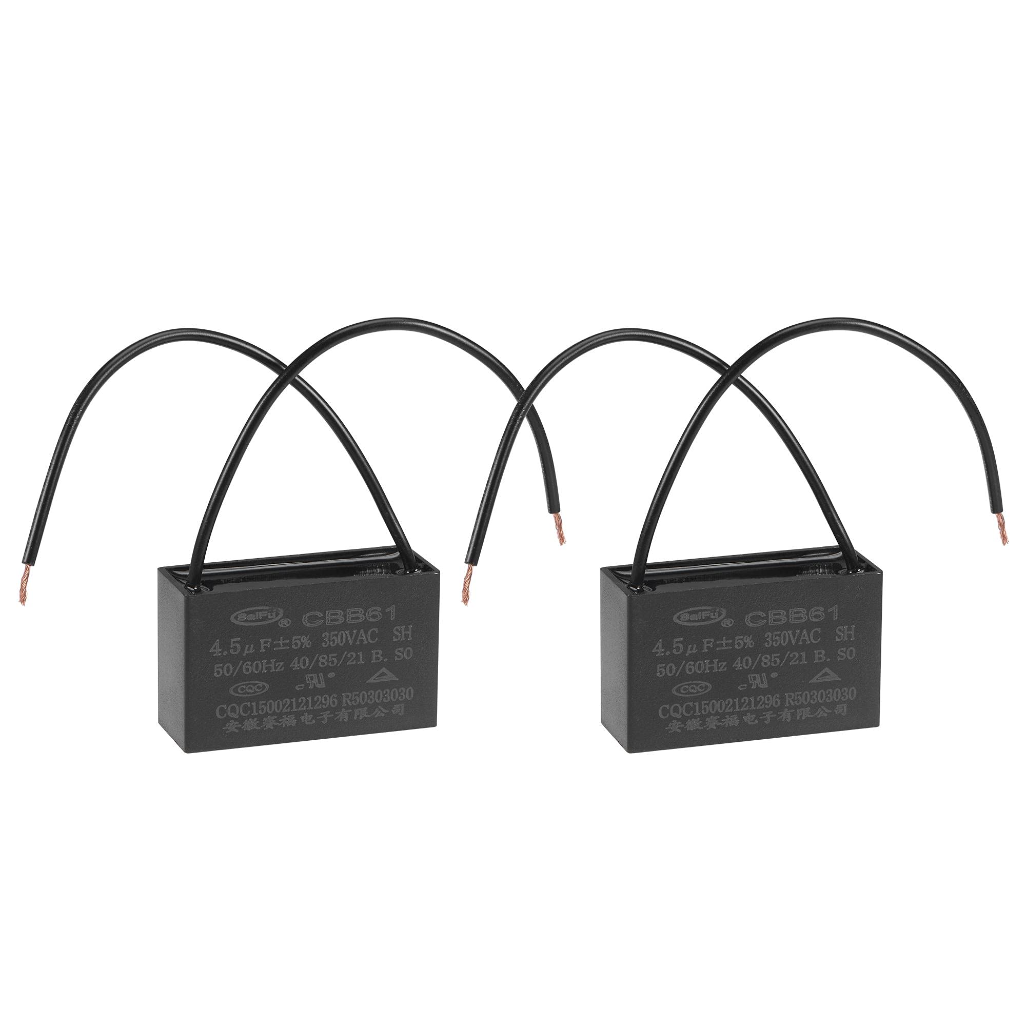 Photo 1 of uxcell Ceiling Fan Capacitor CBB61 4.5uF 350V AC 2 Wires Metallized Polypropylene Film Capacitor 47x29x18mm for Electric Fan Pump Motor Generator 2Pcs