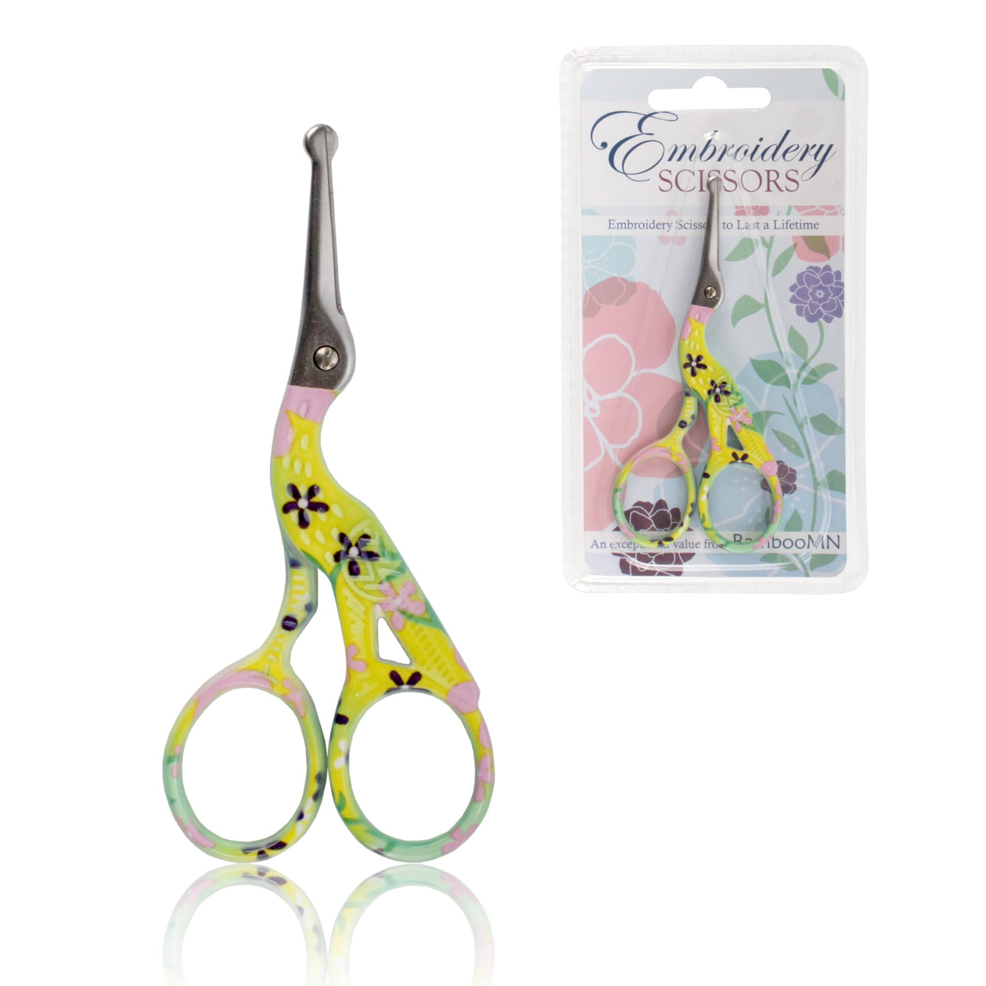 Stork Bird Rounded Safety Tip Embroidery Craft Stainless Steel Crane Scissors - Small Yellow - 1 Pair