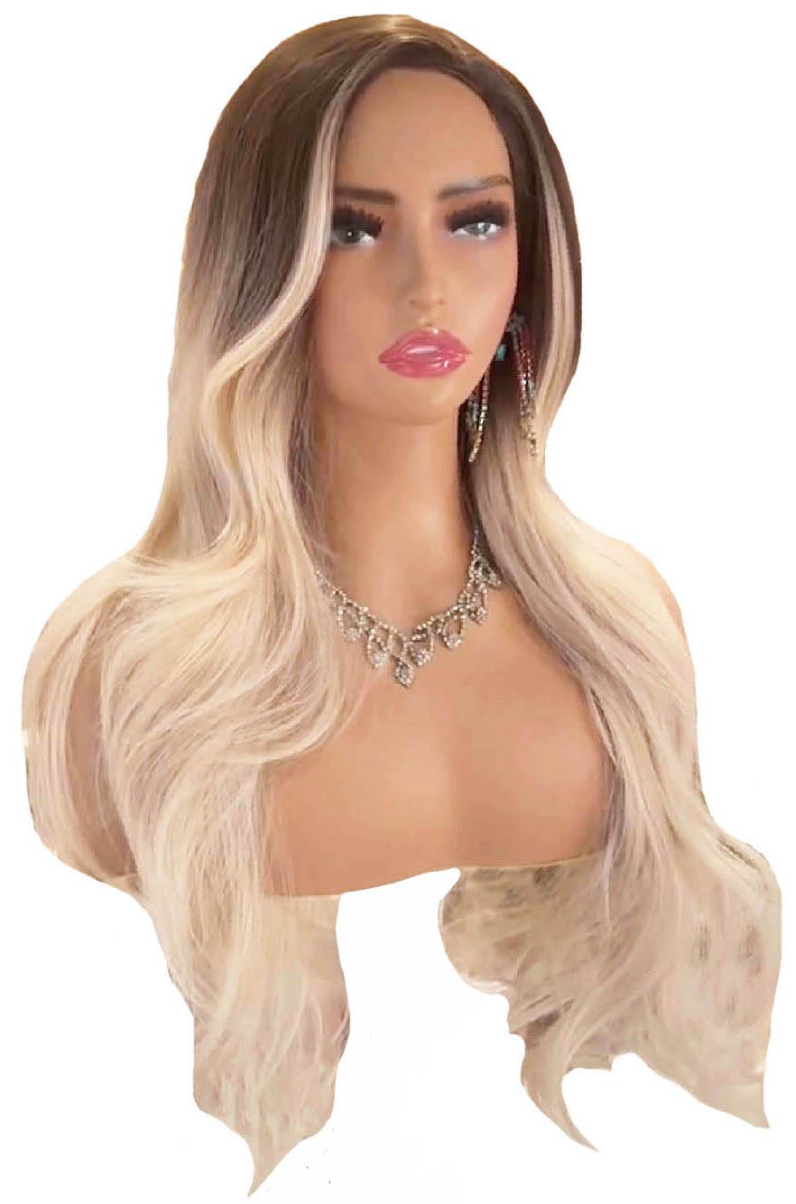 Forever Young Ladies Long Blonde Ombre Dark Root Layered Hair Piece Fashion Wig