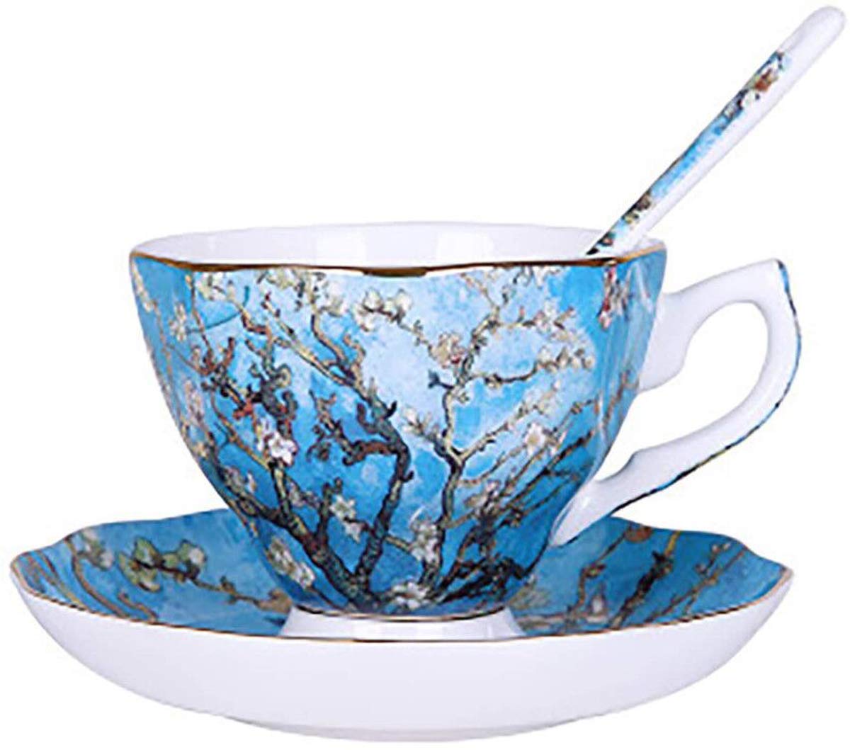 Eplze YBK Tech Bone China Cup and Saucer Set, 7oz Teacup - Design Inspired by Van Gogh's Paintings (Apricot Flower)