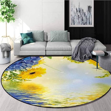 Amazon 黄色と青 寝室の高級フロアマット 紫陽花と水の背景プリントフロアマット やわらか 滑り止め 防音 手触りが優しい 丸洗い 絨毯 薄型 紫青 地球黄色のアスターのロマンチックな花束 直径 60cm ラグ カーペット オンライン通販