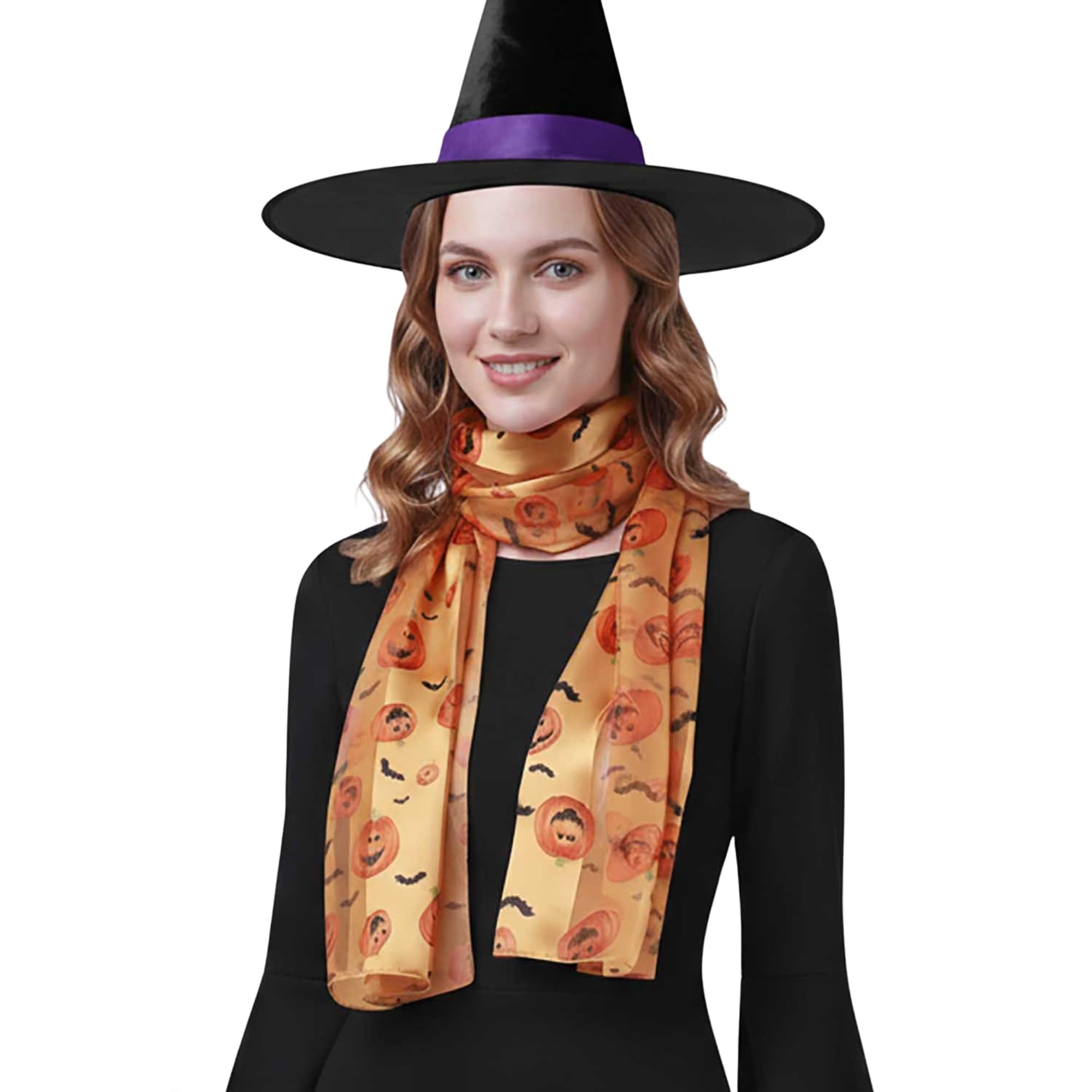 Basic Sense Satin Halloween Scarf with Jack O'Lantern Bat pumpkin Motif, 31 - Gold