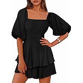 Zenlonr Women's Summer Romper 2025 Casual Puff Short Sleeve Ruffle Layer Tie Mini Short Jumpsuits Beach Party