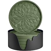 ME.FAN Silicone Coasters with Holder,[6 Pack] Drinking Coasters - Cup Mat for Hot or Cold Drinks, Thickened, Non-Slip, Non-stick,Deep Tray Olive Green