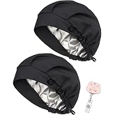 2 Pack Satin Lined Bouffant Scrub Caps with Buttons, Adjustable Scrub Caps for Women Men