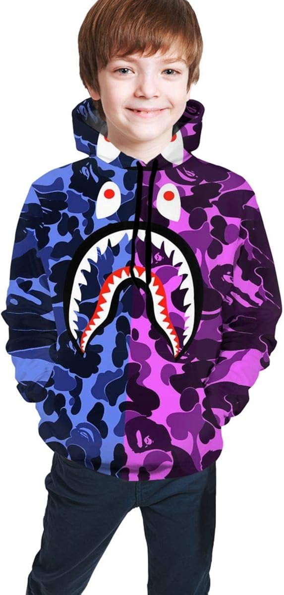 Unisex 3D Print Ba-pe Shark Mouth Teeth Hooded with Pocket Sweatshirt for Boys/Girls/Teen/Kid