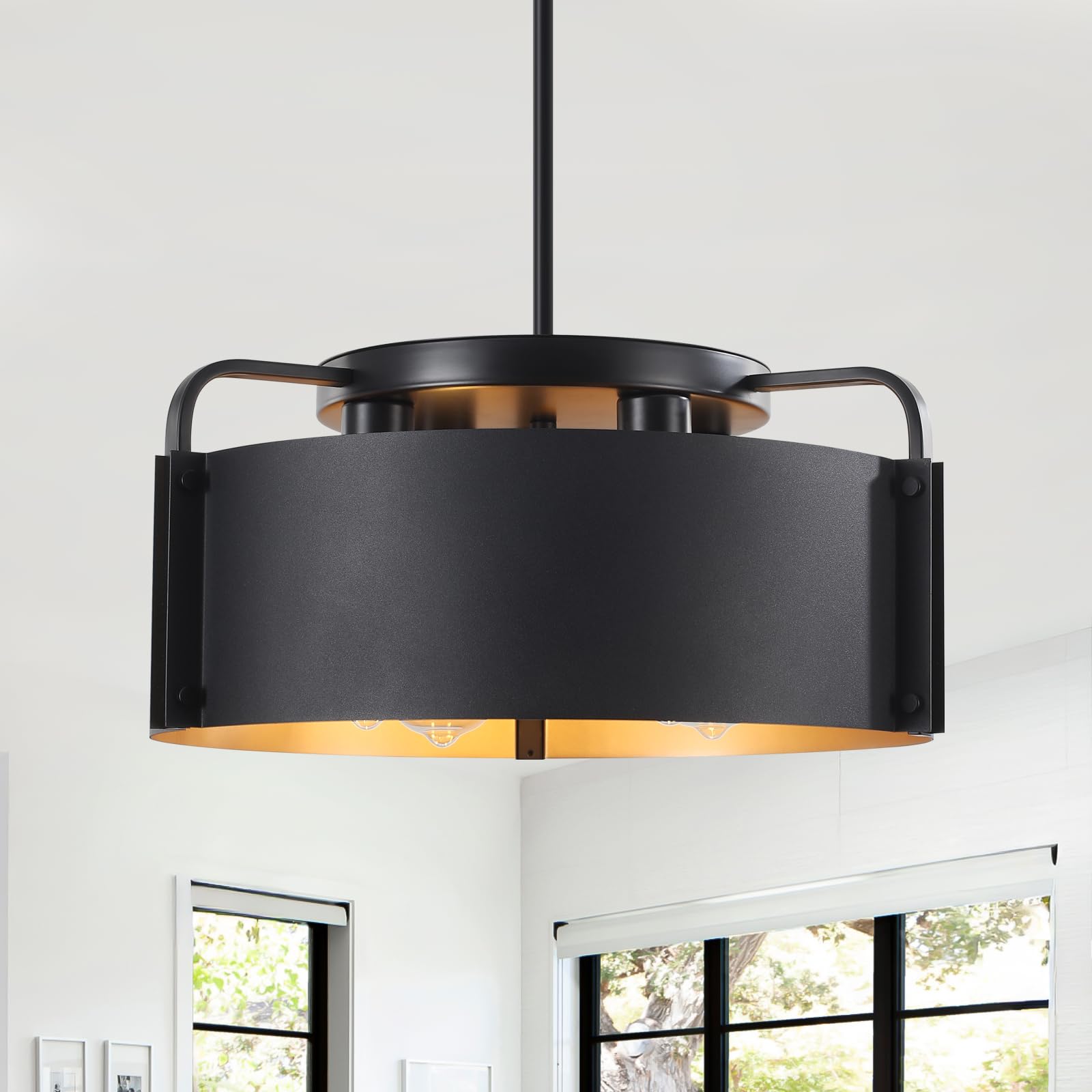 Photo 1 of AFLCBYH Chandeliers for Dining Room, Matte Black Industrial Drum Chandeliers 18" Large 4-Light Farmhouse Chandelier for Foyer Entryway Kitchen Hallway Bedroom, E26 Base(Not Included Bulb)