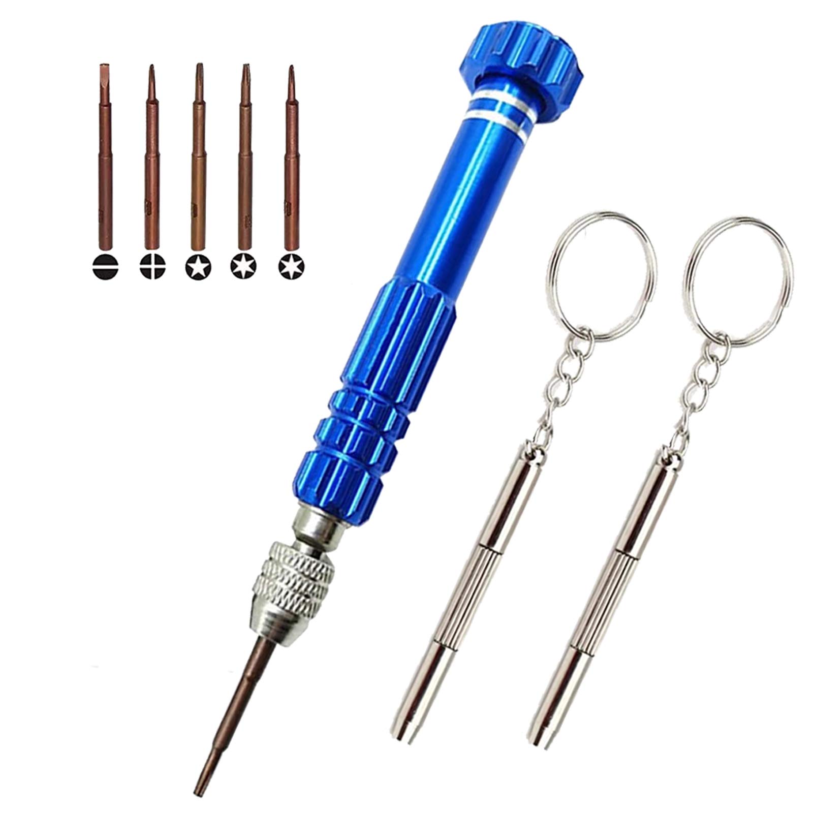 Photo 1 of ESINAM 5-in-1 Screwdriver Set Multifunctional Eyeglass Repair Mini Screwdriver & 3-in-1 Mini Keychain Screwdriver Portable & Suitable for Most Laptops Phones Glasses Electronics Jewelry BLUE