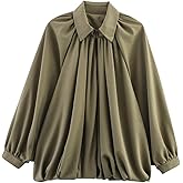AKODOZO Womens Puffed Bomber Oversized Jacket Batwing Sleeve Streetwear Lapel Collar Zip Front Pleated Blouse Shirt