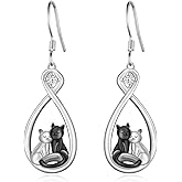 Black Cat Earrings 925 Sterling Silver Cat Dangle Earrings Animal Cat Jewelry Gifts For Women