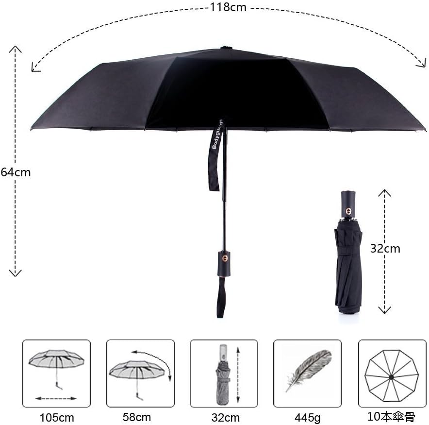 Amazon Bodyguard 折り畳み傘 ワンタッチ自動開閉 Teflon加工 210t最高級のファブリック 高強度グラスファイバー 10本骨 118cm 耐風撥水 晴雨兼用 軽量楽々 収納ポーチ付き 日本国内品質保証 ブラック Bodyguard 折りたたみ傘 通販