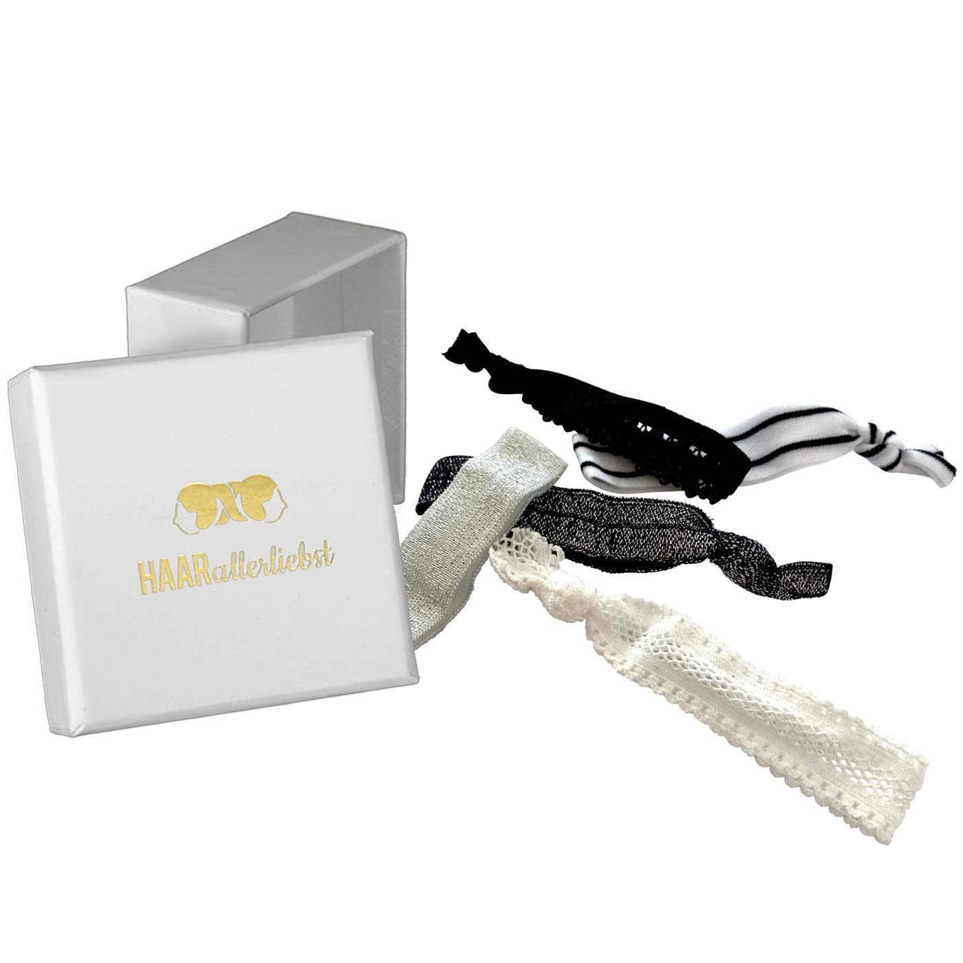 HAARallerliebst Hair Scrunchies Bracelets (Pack of 5) with Box for Storage (White - Black / White)