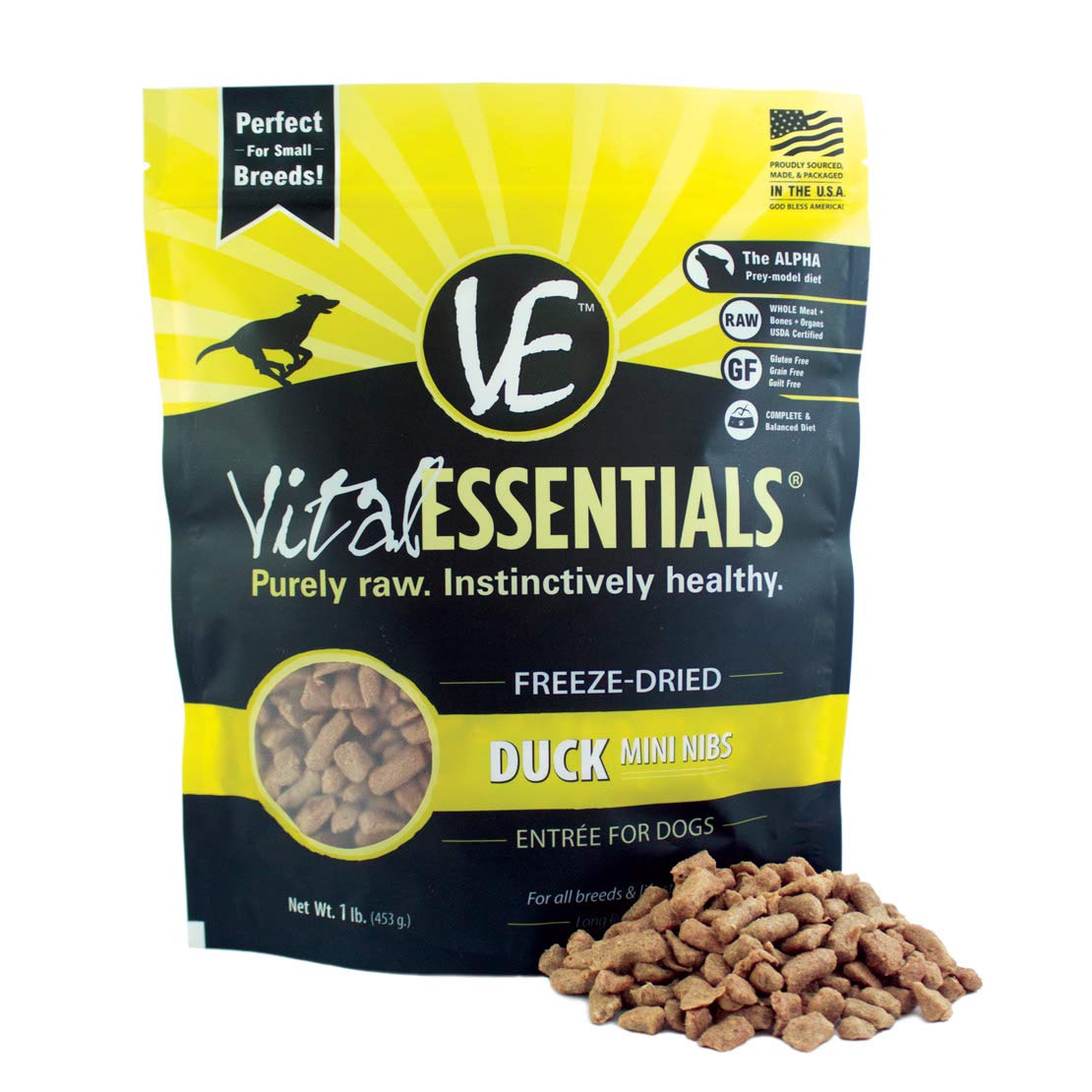 Vital Essentials Freeze-Dried Duck Mini Nibs Grain Free Limited Ingredient Dog Entrée, 1 Pound Bag