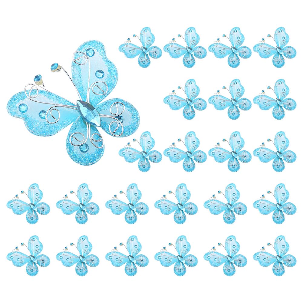 24 Pcs Craft Butterfly, Wire Butterfly Decoration Glitter Organza Butterfly Embroidery Butterfly for Wedding Party Clothing Home Decoration DIY Supplies (Blue)