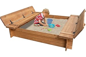 BIRASIL Wood Sandbox with 2 Bench Seats, Sand Boxes with Lid for Kids, Sand Pit with Cover for Outdoor Backyard Patio, 48 Inch
